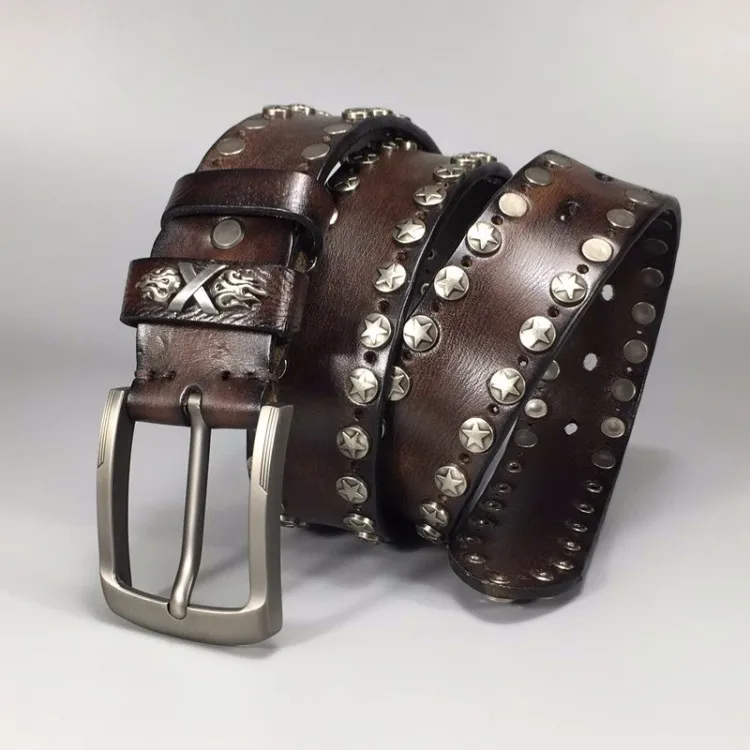Handmade Punk Style Rivets Genuine Leather Belt Cowhide Strap For Pants Moto Biker Studded Belts Pin Buckle Waistband