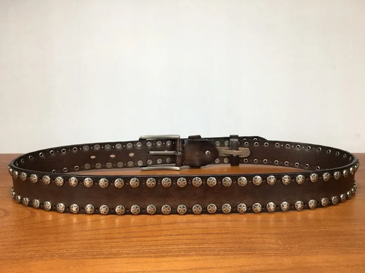 Handmade Punk Style Rivets Genuine Leather Belt Cowhide Strap For Pants Moto Biker Studded Belts Pin Buckle Waistband