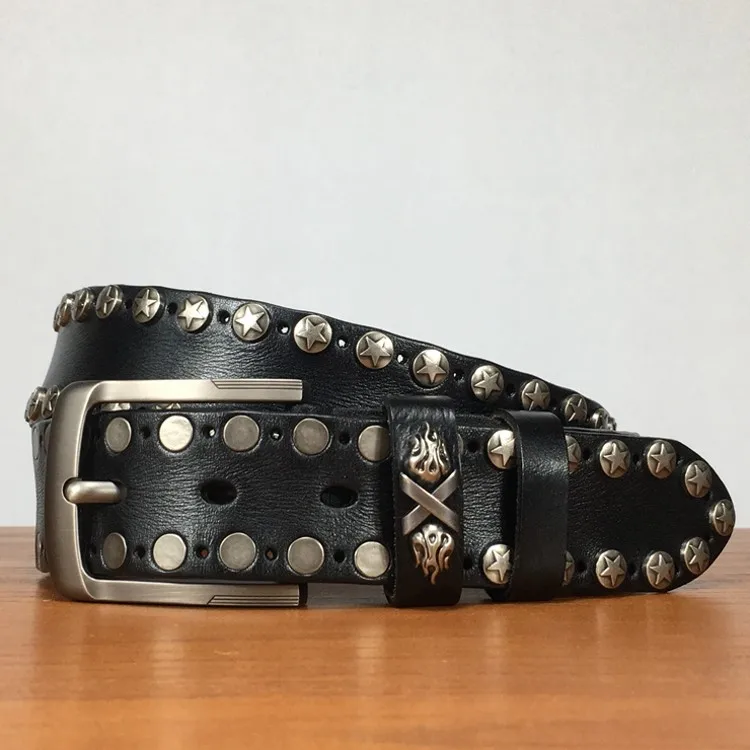 Handmade Punk Style Rivets Genuine Leather Belt Cowhide Strap For Pants Moto Biker Studded Belts Pin Buckle Waistband