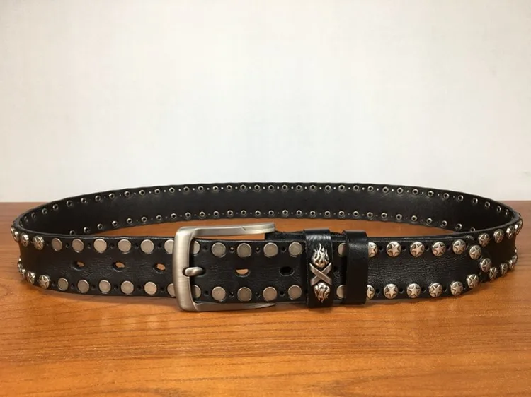 Handmade Punk Style Rivets Genuine Leather Belt Cowhide Strap For Pants Moto Biker Studded Belts Pin Buckle Waistband