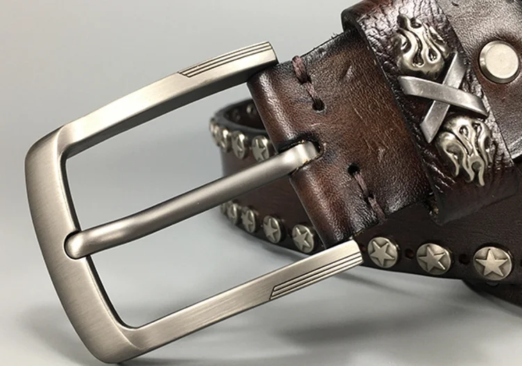 Handmade Punk Style Rivets Genuine Leather Belt Cowhide Strap For Pants Moto Biker Studded Belts Pin Buckle Waistband