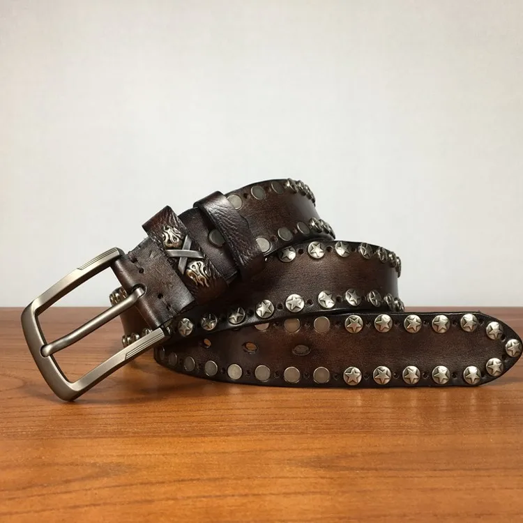 Handmade Punk Style Rivets Genuine Leather Belt Cowhide Strap For Pants Moto Biker Studded Belts Pin Buckle Waistband
