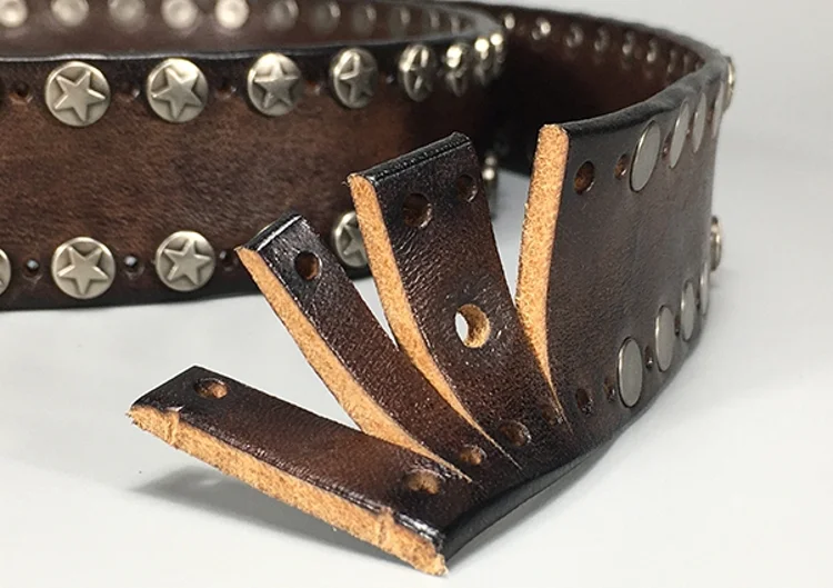 Handmade Punk Style Rivets Genuine Leather Belt Cowhide Strap For Pants Moto Biker Studded Belts Pin Buckle Waistband