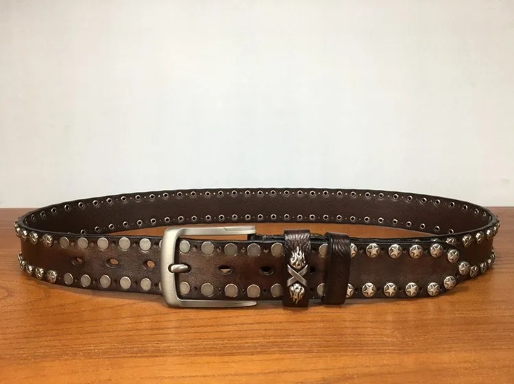 Handmade Punk Style Rivets Genuine Leather Belt Cowhide Strap For Pants Moto Biker Studded Belts Pin Buckle Waistband