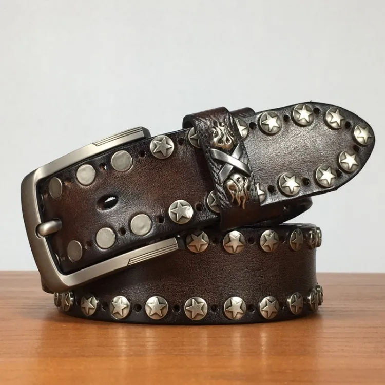 Handmade Punk Style Rivets Genuine Leather Belt Cowhide Strap For Pants Moto Biker Studded Belts Pin Buckle Waistband