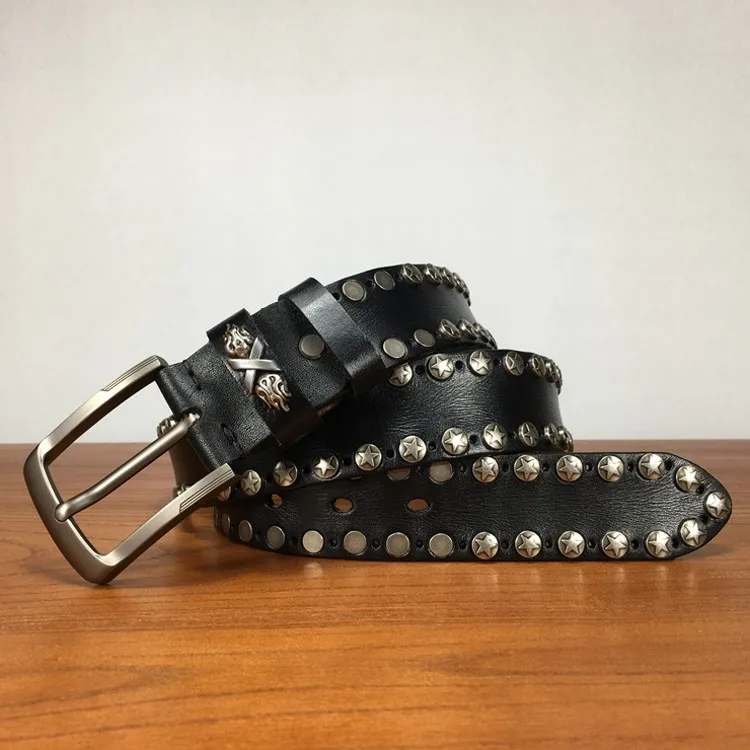 Handmade Punk Style Rivets Genuine Leather Belt Cowhide Strap For Pants Moto Biker Studded Belts Pin Buckle Waistband
