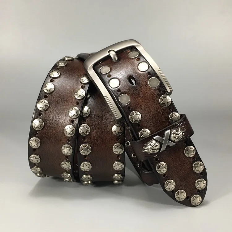 Handmade Punk Style Rivets Genuine Leather Belt Cowhide Strap For Pants Moto Biker Studded Belts Pin Buckle Waistband