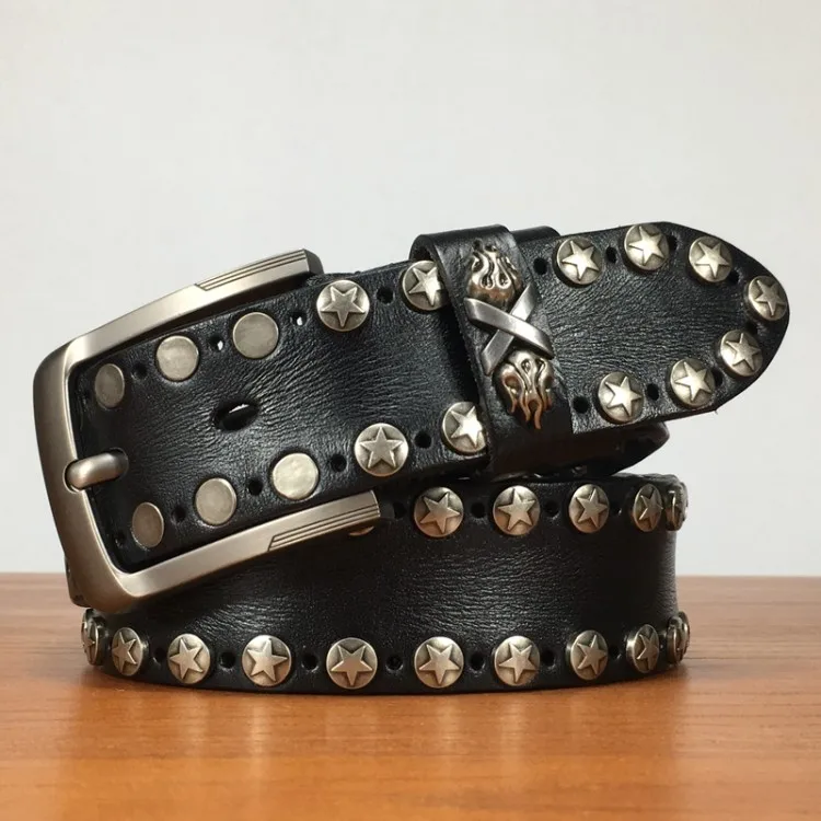 Handmade Punk Style Rivets Genuine Leather Belt Cowhide Strap For Pants Moto Biker Studded Belts Pin Buckle Waistband