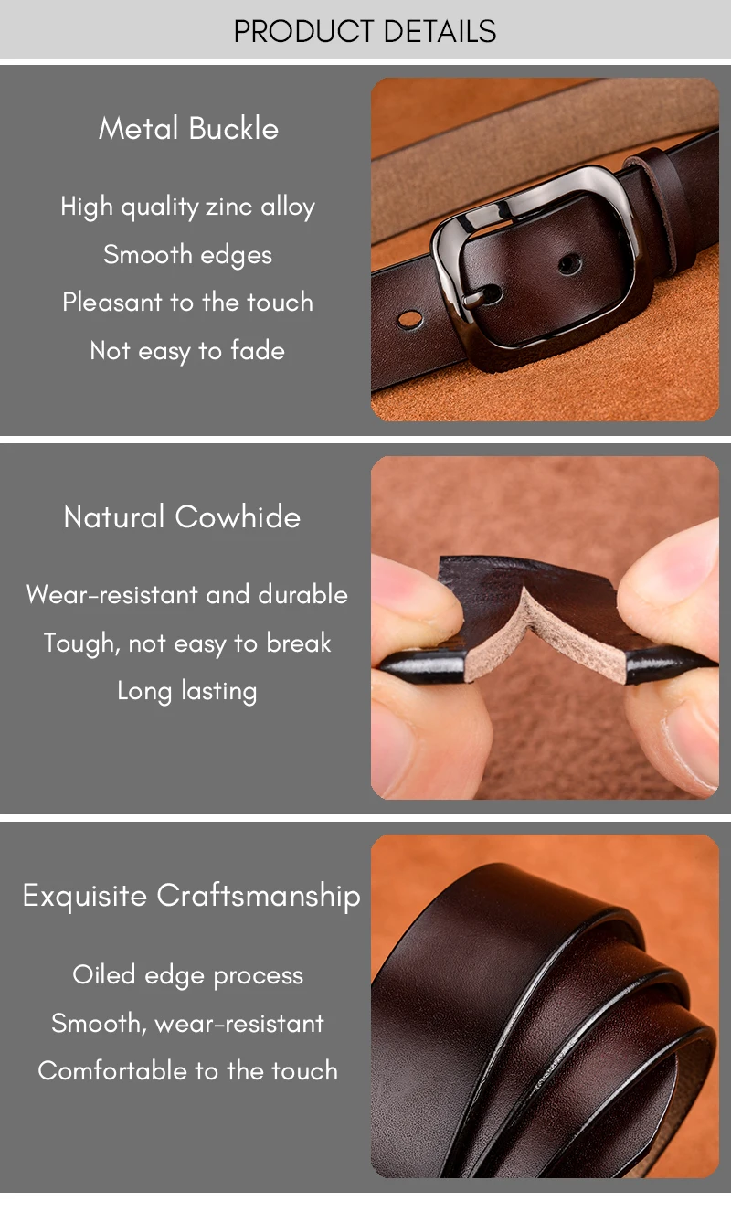 KOLBER 3.3cm Women's Leather Belt Natural Cowhide Trouser Belt for Female Metal Buckle Jeans Casual Red Belt Girdle Waistband