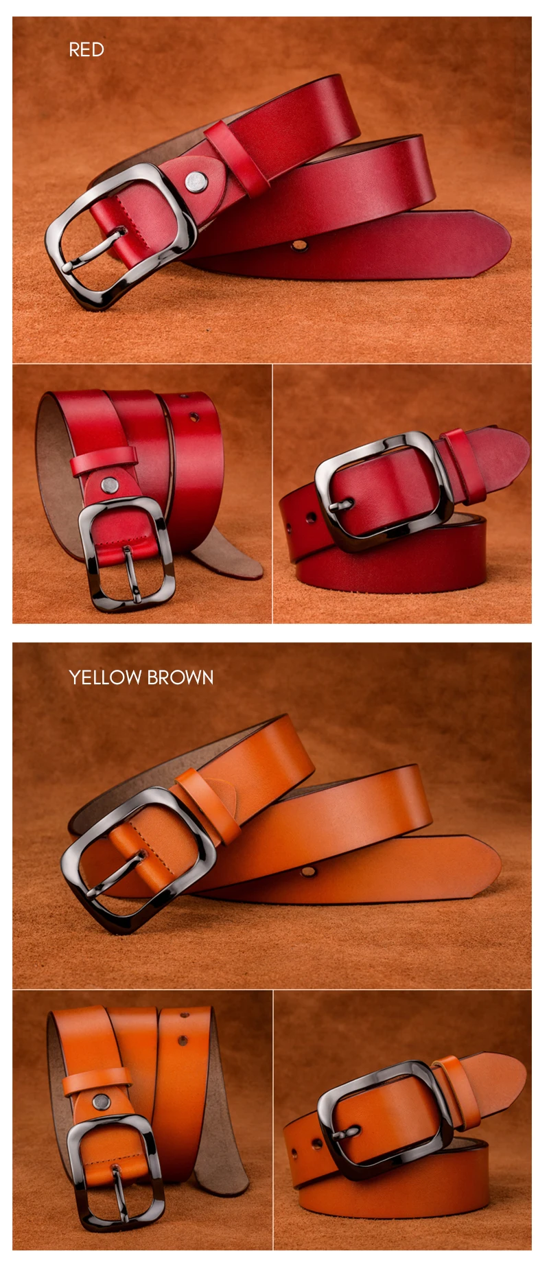 KOLBER 3.3cm Women's Leather Belt Natural Cowhide Trouser Belt for Female Metal Buckle Jeans Casual Red Belt Girdle Waistband