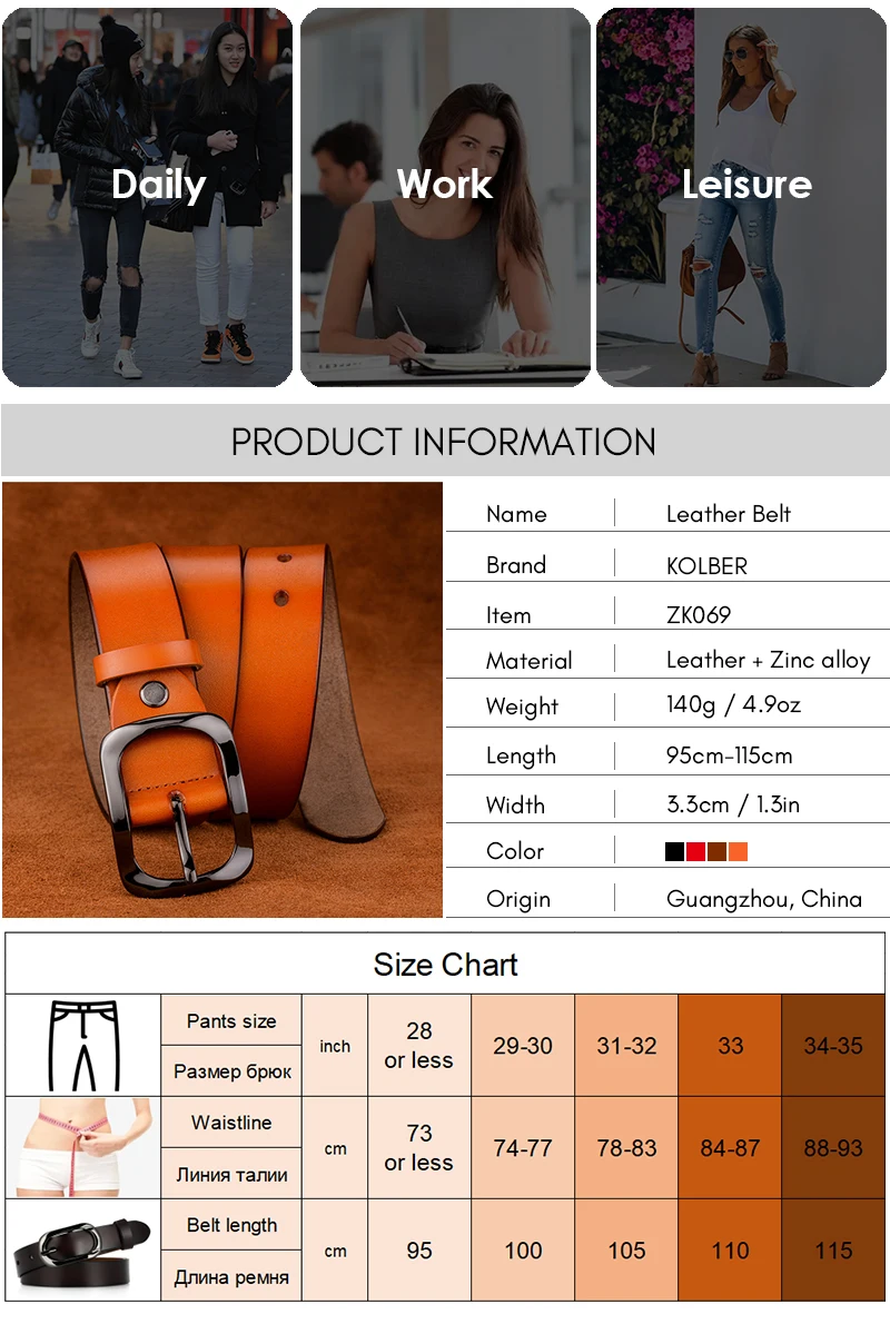KOLBER 3.3cm Women's Leather Belt Natural Cowhide Trouser Belt for Female Metal Buckle Jeans Casual Red Belt Girdle Waistband