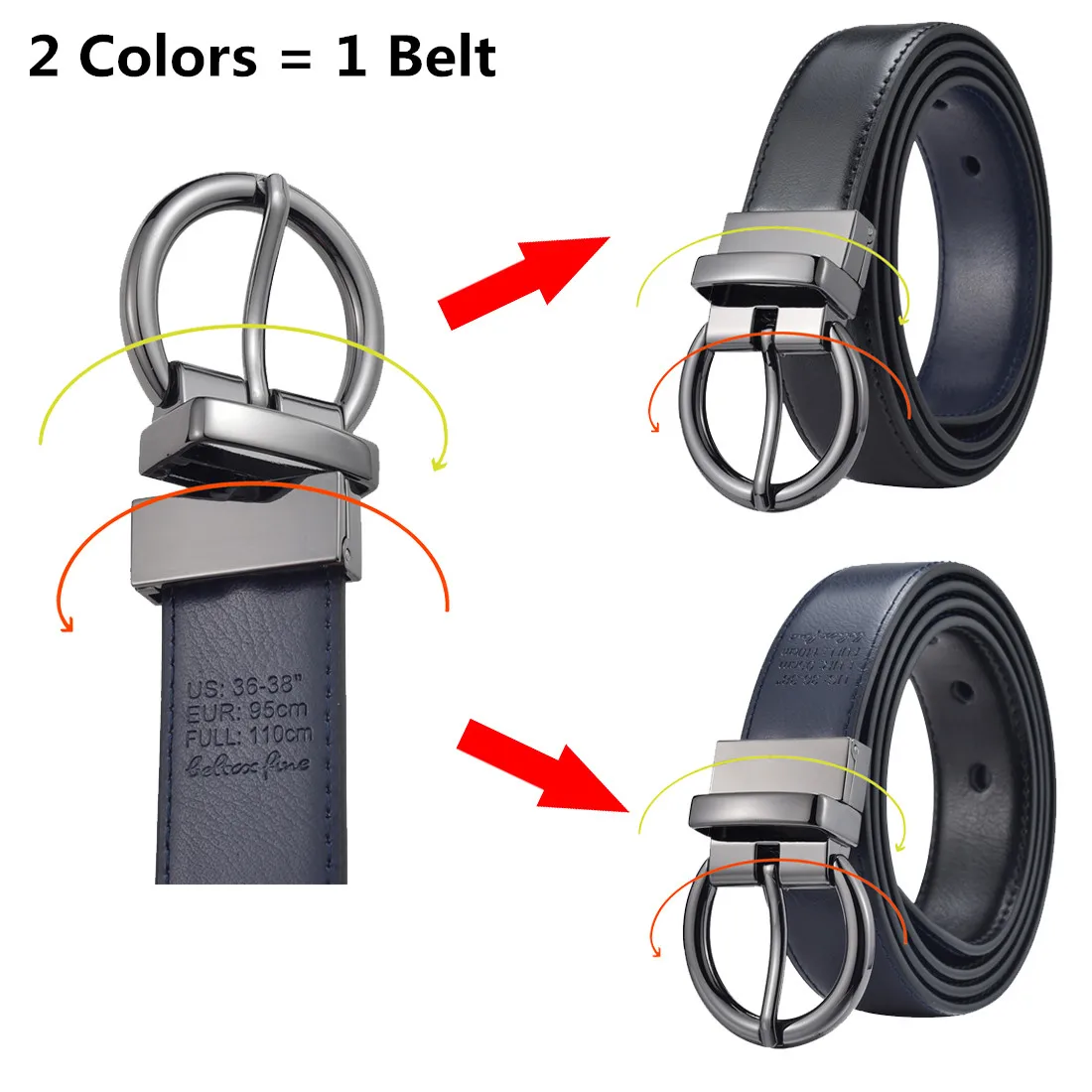 Women‘s Reversible Leather Belt Waist Strap Jeans Dress with Rose Gold And Black Rotate Buckle
