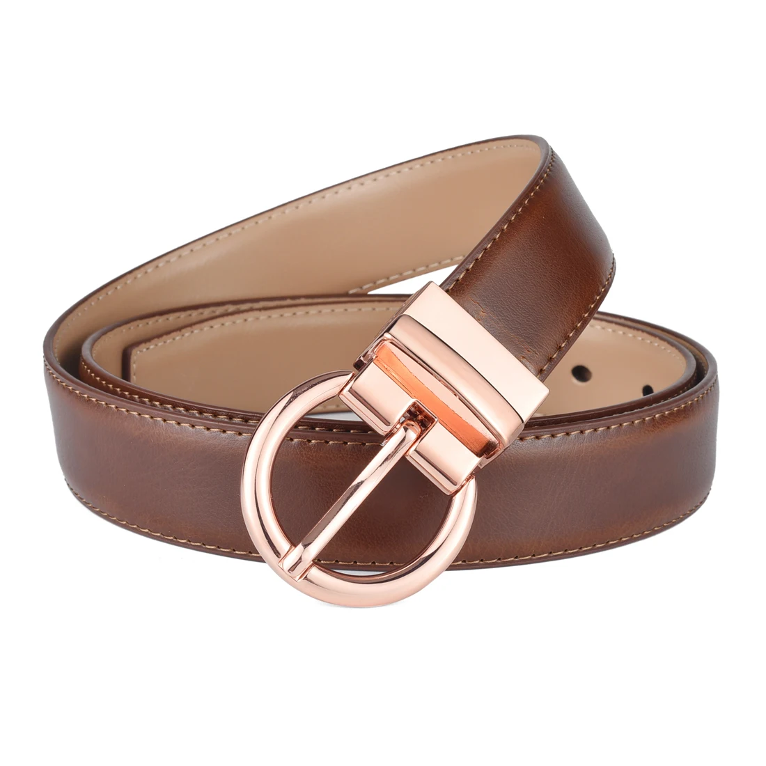 Women‘s Reversible Leather Belt Waist Strap Jeans Dress with Rose Gold And Black Rotate Buckle