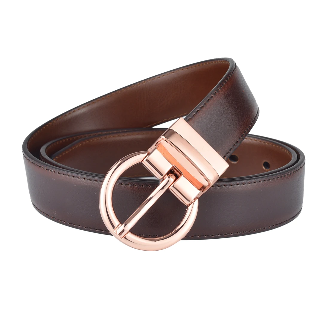 Women‘s Reversible Leather Belt Waist Strap Jeans Dress with Rose Gold And Black Rotate Buckle