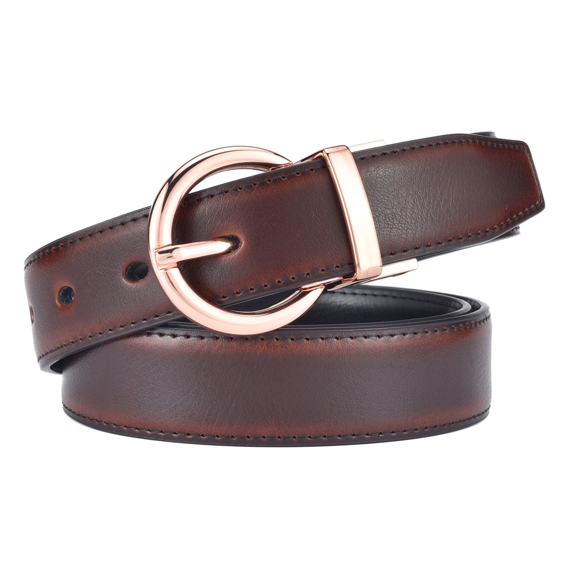 Women‘s Reversible Leather Belt Waist Strap Jeans Dress with Rose Gold And Black Rotate Buckle