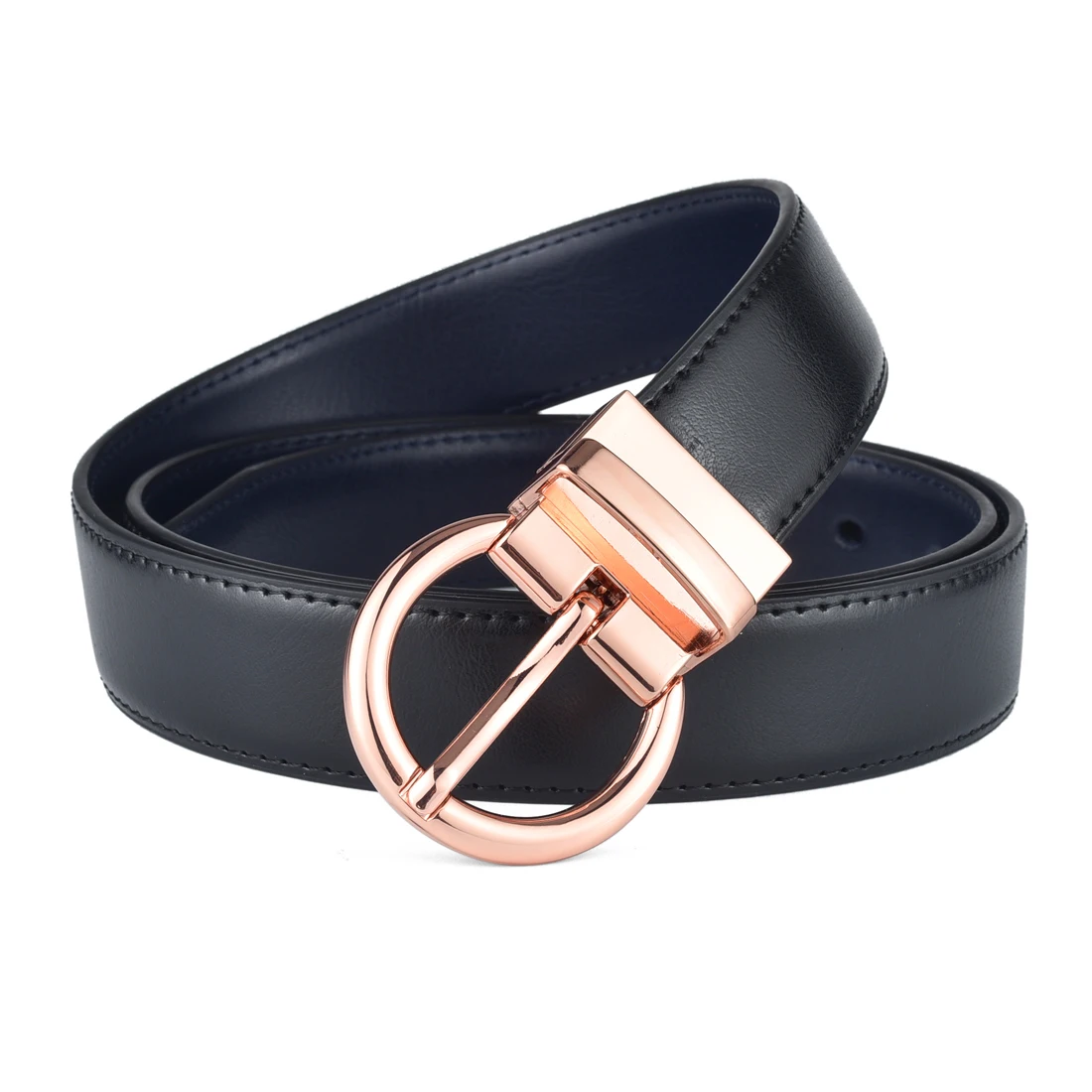 Women‘s Reversible Leather Belt Waist Strap Jeans Dress with Rose Gold And Black Rotate Buckle