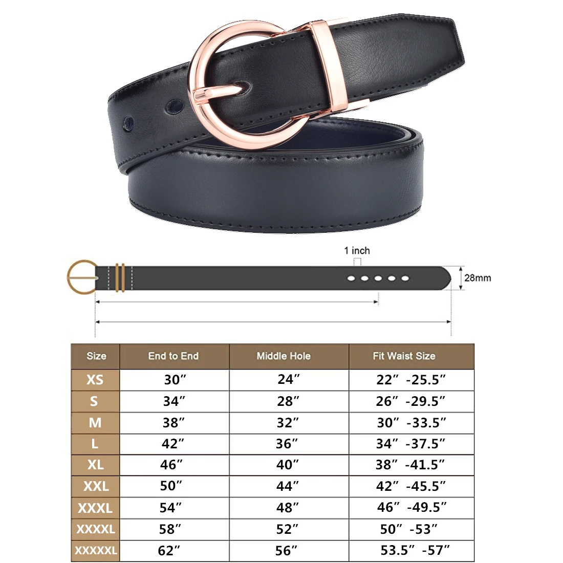 Women‘s Reversible Leather Belt Waist Strap Jeans Dress with Rose Gold And Black Rotate Buckle