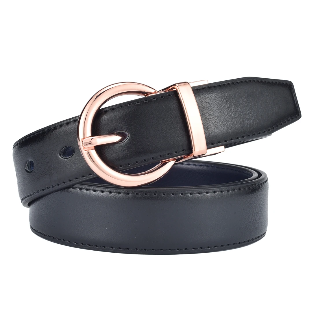 Women‘s Reversible Leather Belt Waist Strap Jeans Dress with Rose Gold And Black Rotate Buckle