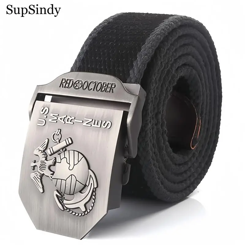 SupSindy Men Canvas Belt U.S Marines Metal Buckle Army Military Tactical Belts for Men Jeans Outdoor training Soldier Strap Male
