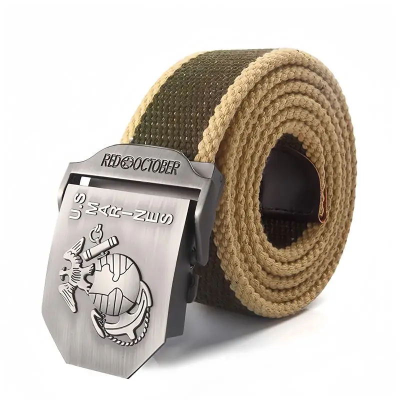 SupSindy Men Canvas Belt U.S Marines Metal Buckle Army Military Tactical Belts for Men Jeans Outdoor training Soldier Strap Male