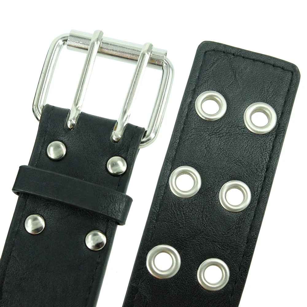 Fashion Women Punk Chain Belt Adjustable Black DoubleSingle Eyelet Grommet Metal Buckle Leather Men Waistband For Jeans