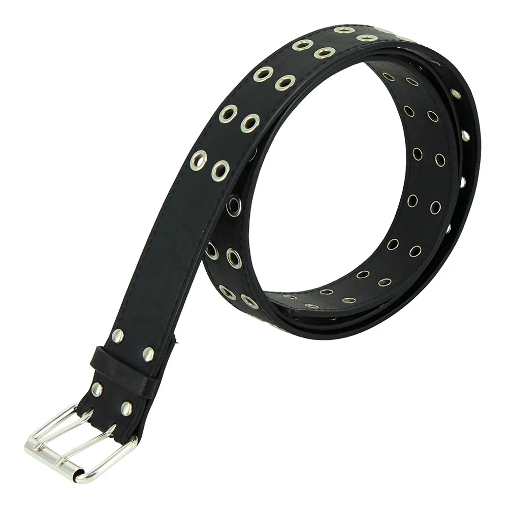 Fashion Women Punk Chain Belt Adjustable Black DoubleSingle Eyelet Grommet Metal Buckle Leather Men Waistband For Jeans
