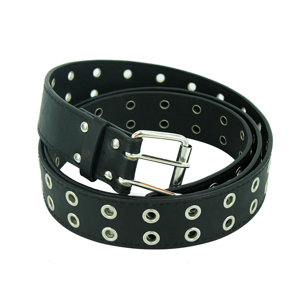 Fashion Women Punk Chain Belt Adjustable Black DoubleSingle Eyelet Grommet Metal Buckle Leather Men Waistband For Jeans