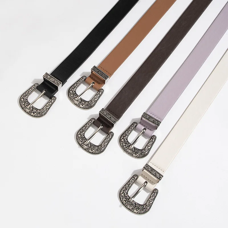 2.8x102cm Y2K Women's PU Leather Belt Vintage Carved Needle Buckle Men's Belt Punk Hip Hop Rock Style Jeans Waistband