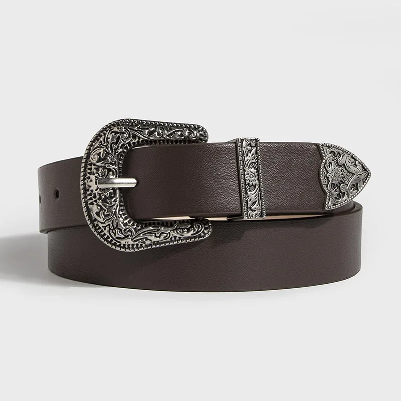 2.8x102cm Y2K Women's PU Leather Belt Vintage Carved Needle Buckle Men's Belt Punk Hip Hop Rock Style Jeans Waistband