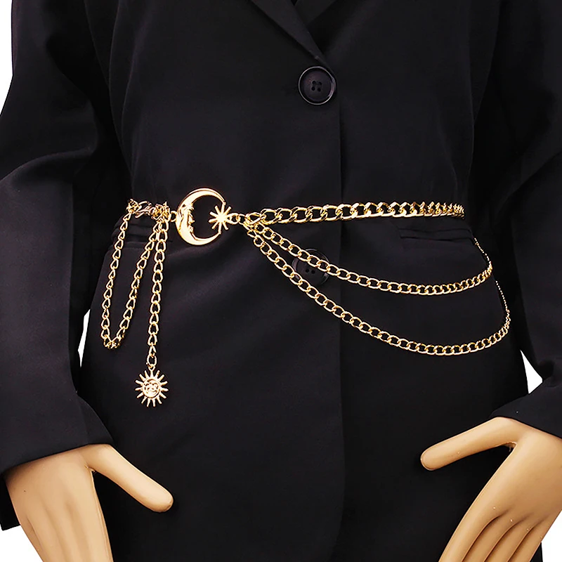 1Pc Moon Multilayer Metal Chain Waist Chain Ladies Waist Chain Belt Dress Skirt Belt With Moon Star Belt Gold Silver Clothing