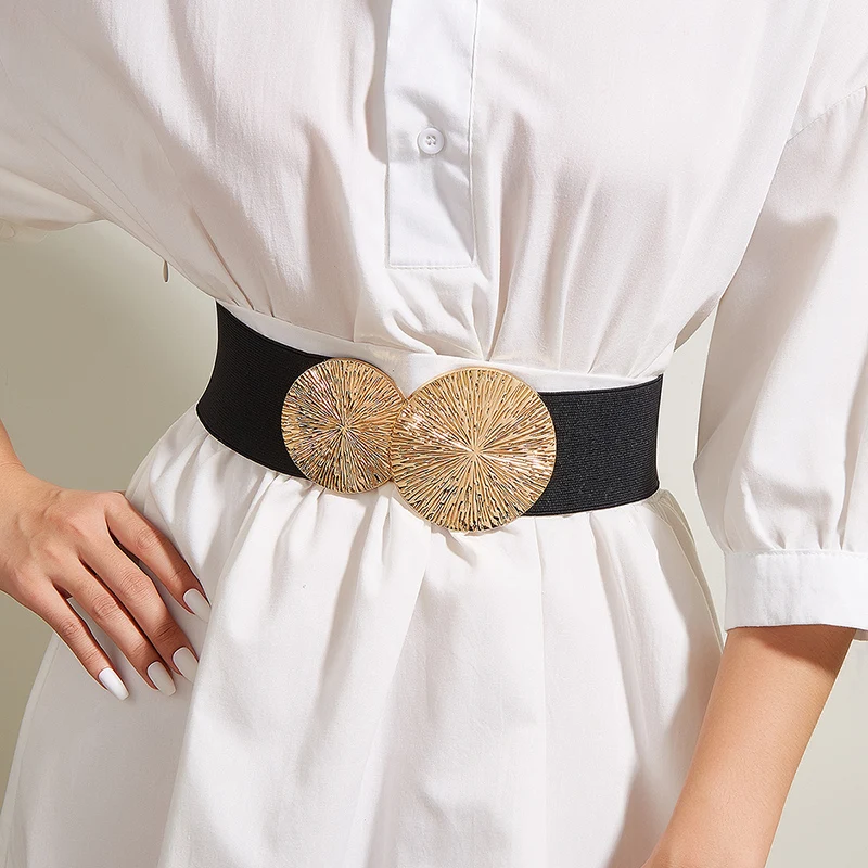 Elastic Belt Women Textured Metal Round Buckle Waistband Luxury Skirt Dress Coat Decorative Girdle Belts
