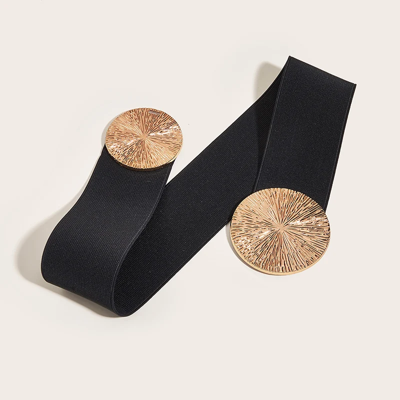 Elastic Belt Women Textured Metal Round Buckle Waistband Luxury Skirt Dress Coat Decorative Girdle Belts