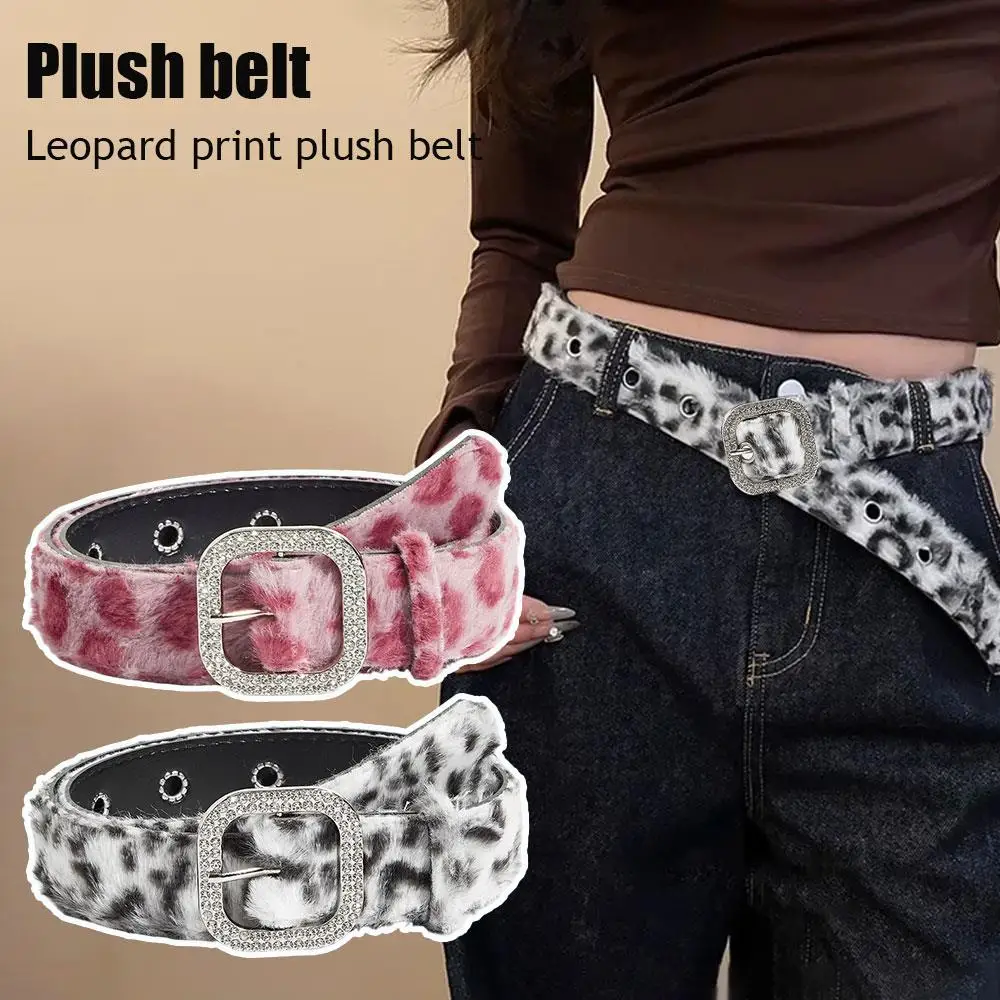 Pink Plush 2K Leopard Print Spicy Belts Fashion Trendy Women's Belt Fluffy Furry Waist Belt Retro Versatile Jeans Accessories