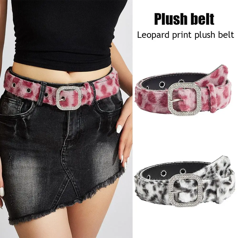 Pink Plush 2K Leopard Print Spicy Belts Fashion Trendy Women's Belt Fluffy Furry Waist Belt Retro Versatile Jeans Accessories