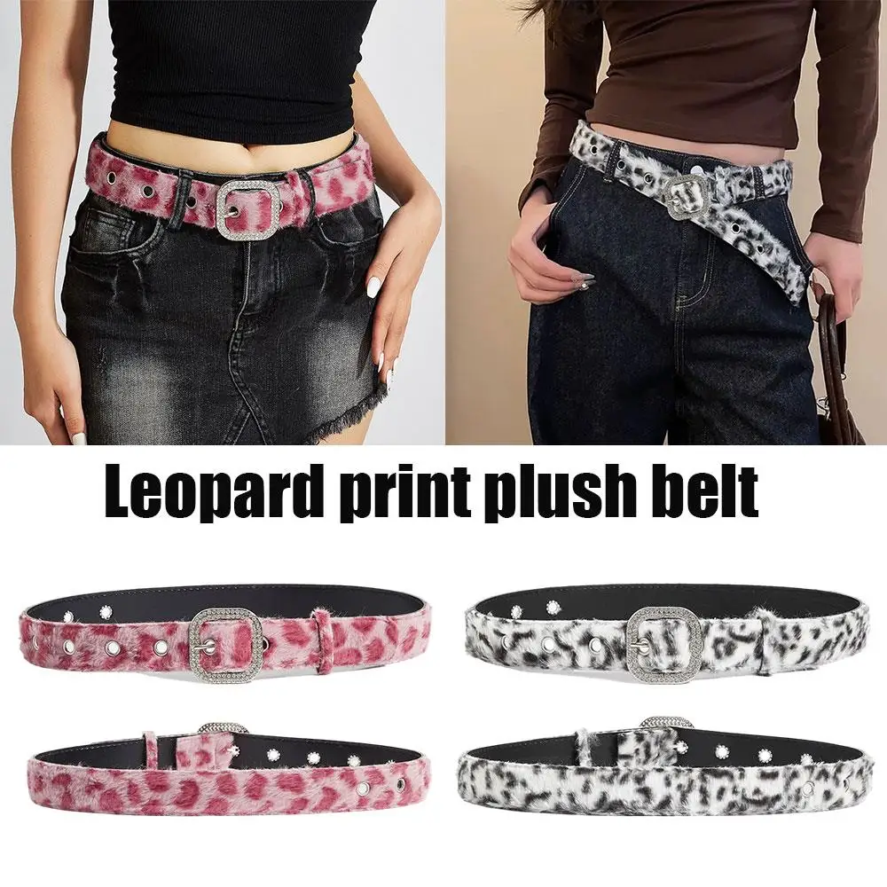 Pink Plush 2K Leopard Print Spicy Belts Fashion Trendy Women's Belt Fluffy Furry Waist Belt Retro Versatile Jeans Accessories