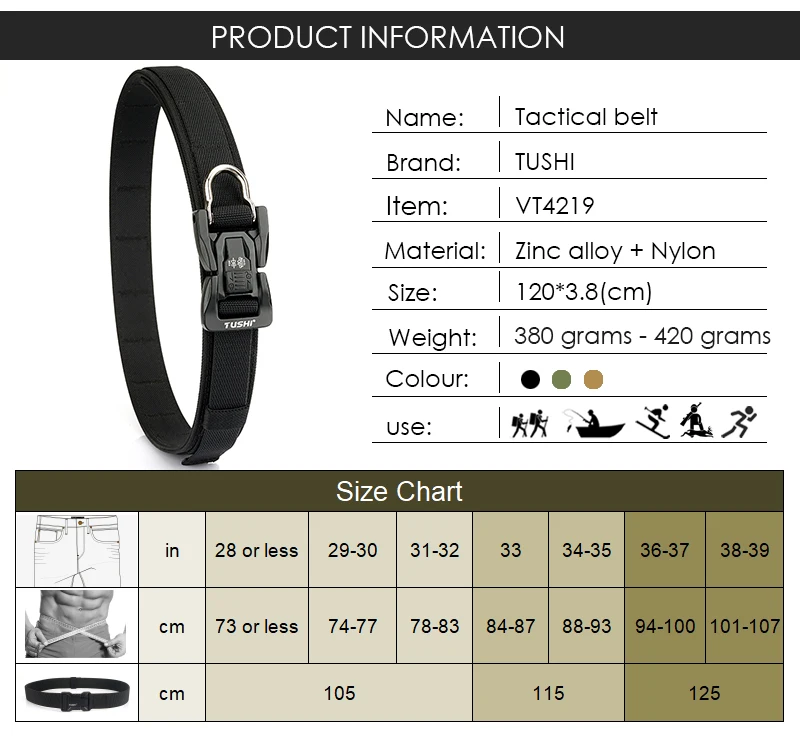 VATLTY New Men's Trousers Girdle Metal Buckle Quick Release Heavy Duty Military Tactical Belt Tight Stiff Casual Belt for Male