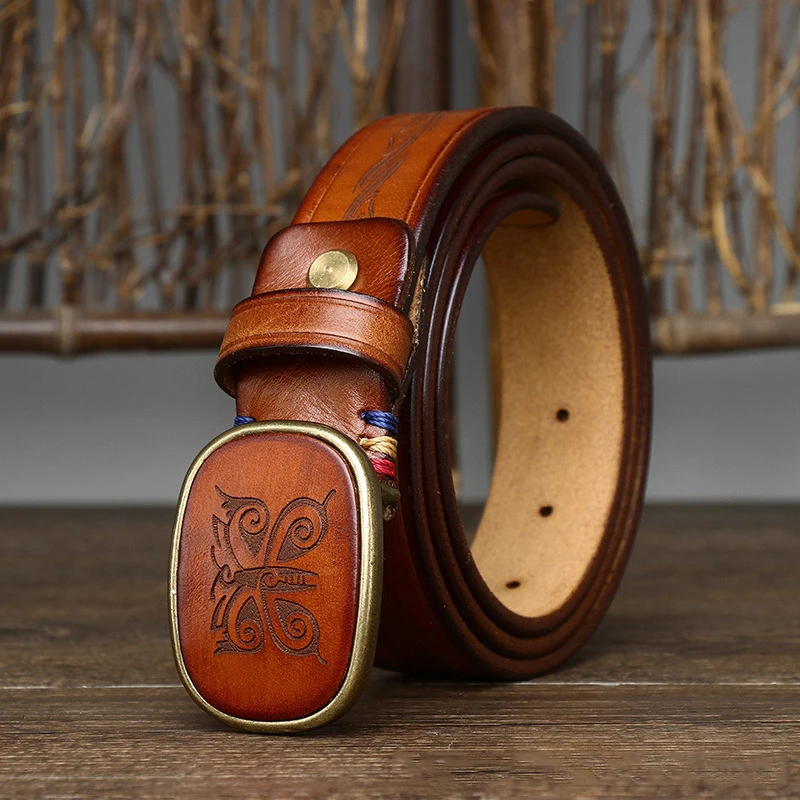 3.5CM Pure Cowhide High Quality Genuine Leather Belts for Men Laser Engraving Strap Male Smooth Buckle Jeans Cowboy Luxury