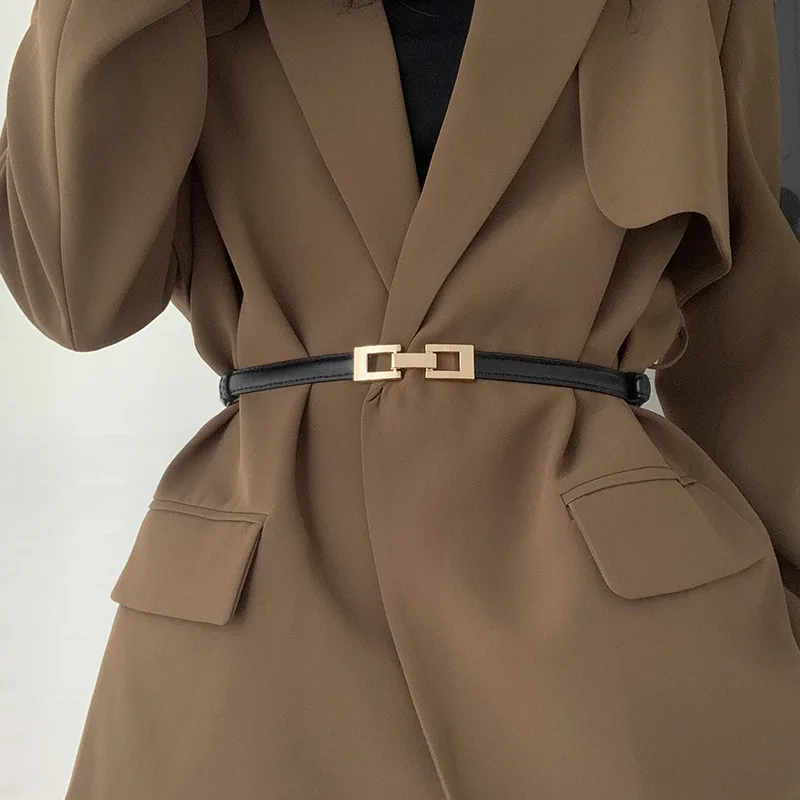 Square Metal Snap Buckle Belts For Women Lady PU Leather Thin Adjustable Waistbands Dress Coat Decorative Skinny Straps Girdle