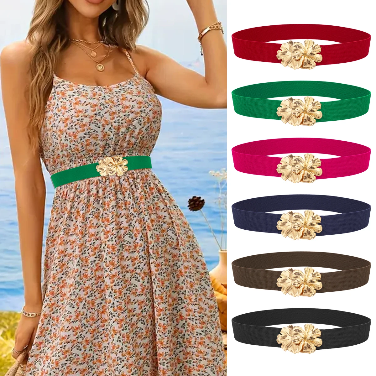 SISHION 2025 Flower Buckle Vintage Fashion Elastic Waist Cummerbund Corset Belt Black Green Red Women Belts Waistband YD0116