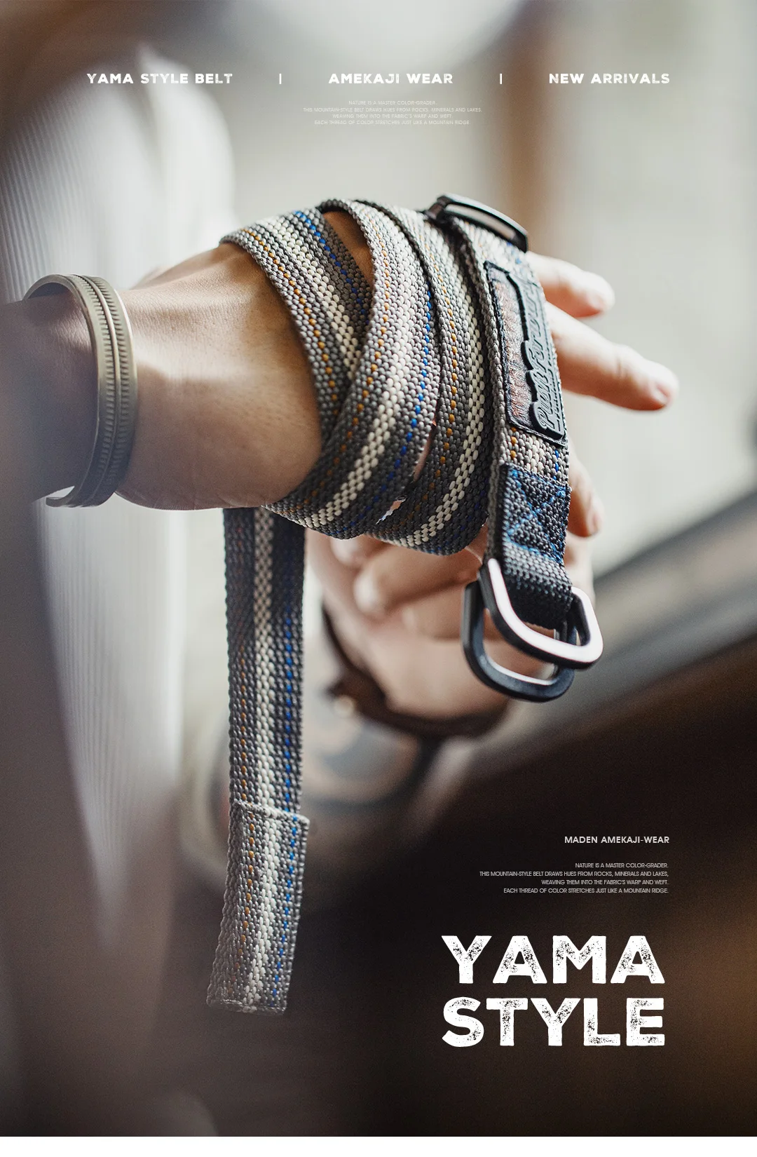 MADEN Woven Nylon Web Belt Men American Vintage No Holes Automatic Buckle Canvas-feel Thin Casual Outdoor Adjustable Waist Belt