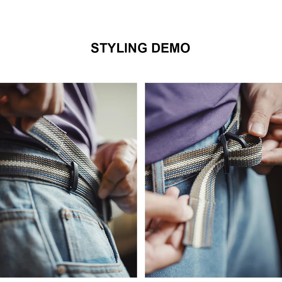 MADEN Woven Nylon Web Belt Men American Vintage No Holes Automatic Buckle Canvas-feel Thin Casual Outdoor Adjustable Waist Belt