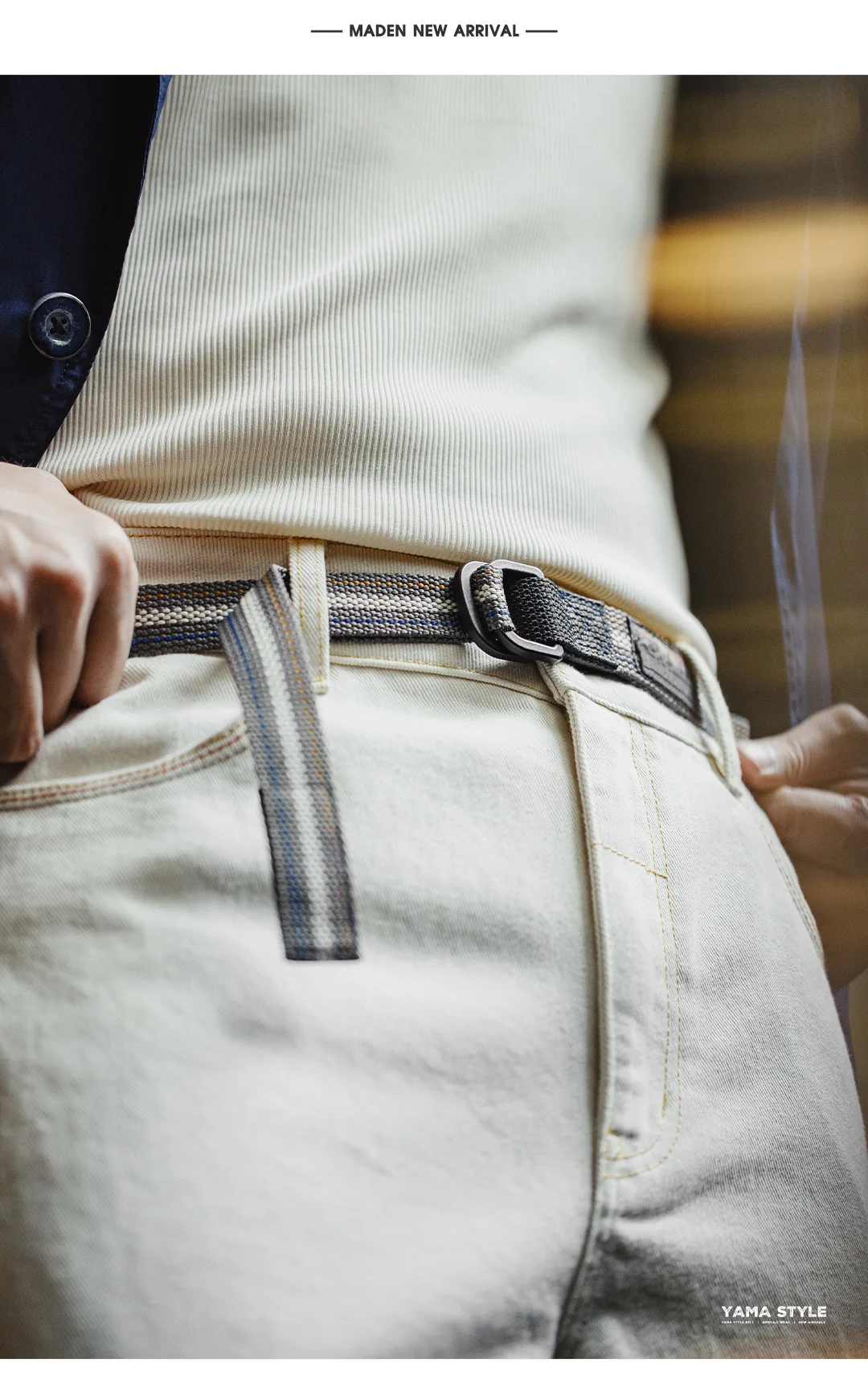 MADEN Woven Nylon Web Belt Men American Vintage No Holes Automatic Buckle Canvas-feel Thin Casual Outdoor Adjustable Waist Belt