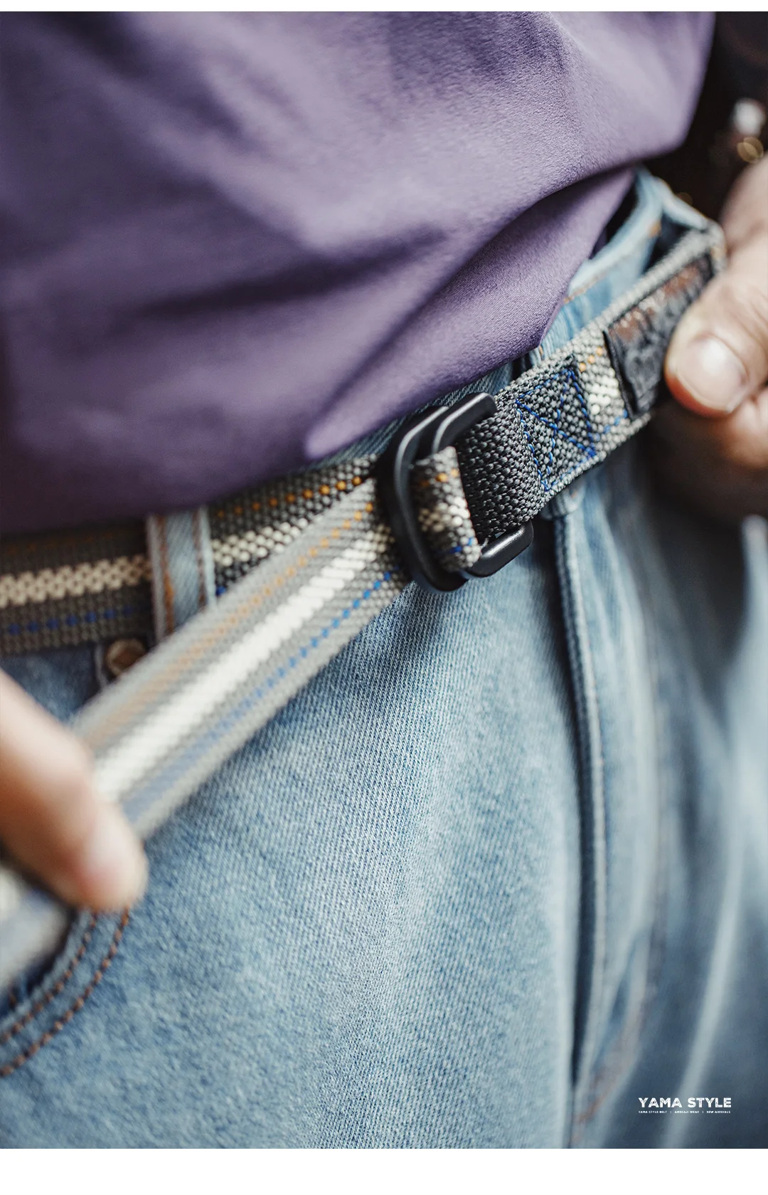 MADEN Woven Nylon Web Belt Men American Vintage No Holes Automatic Buckle Canvas-feel Thin Casual Outdoor Adjustable Waist Belt