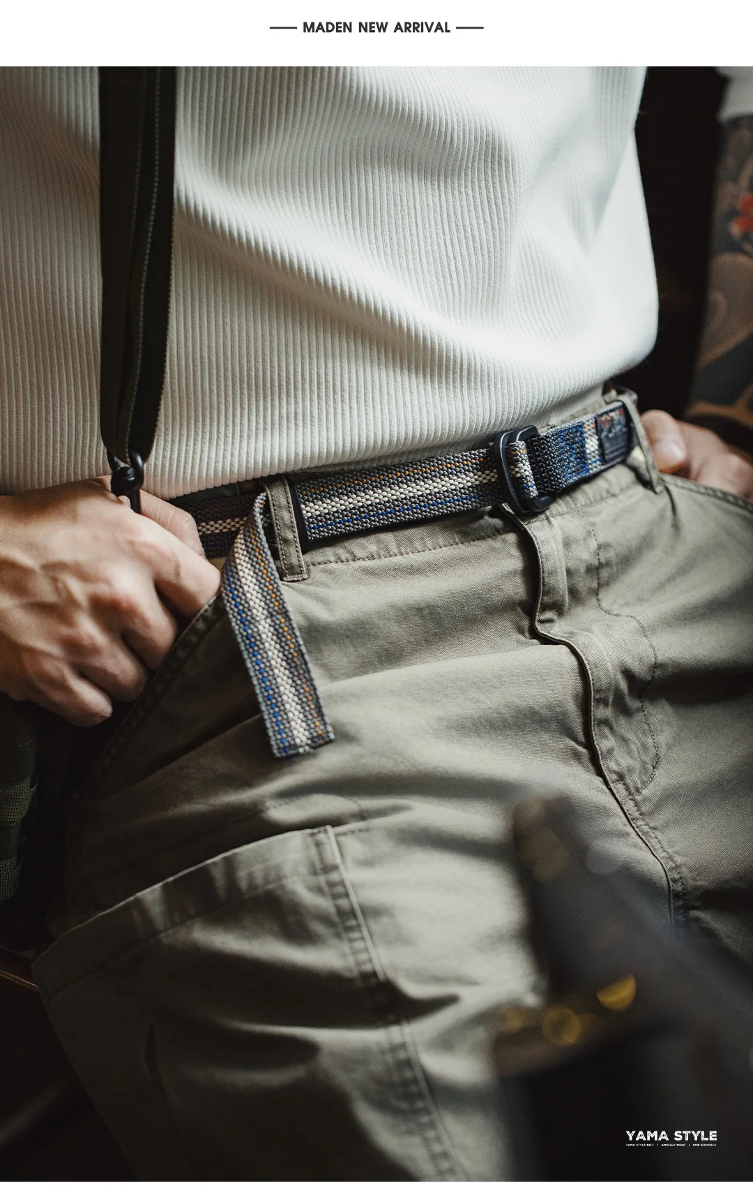 MADEN Woven Nylon Web Belt Men American Vintage No Holes Automatic Buckle Canvas-feel Thin Casual Outdoor Adjustable Waist Belt