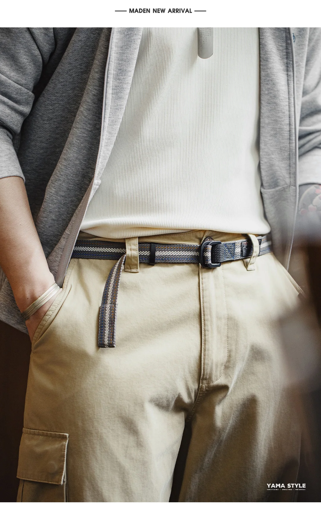 MADEN Woven Nylon Web Belt Men American Vintage No Holes Automatic Buckle Canvas-feel Thin Casual Outdoor Adjustable Waist Belt
