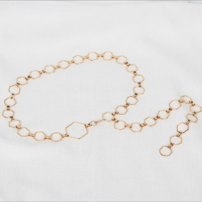 Fashion Hexagon Shape Women Waist Chain Geometric Belt For Women Gold Sliver Metal Belts Adjustable Suit Dress Ladies Waistband
