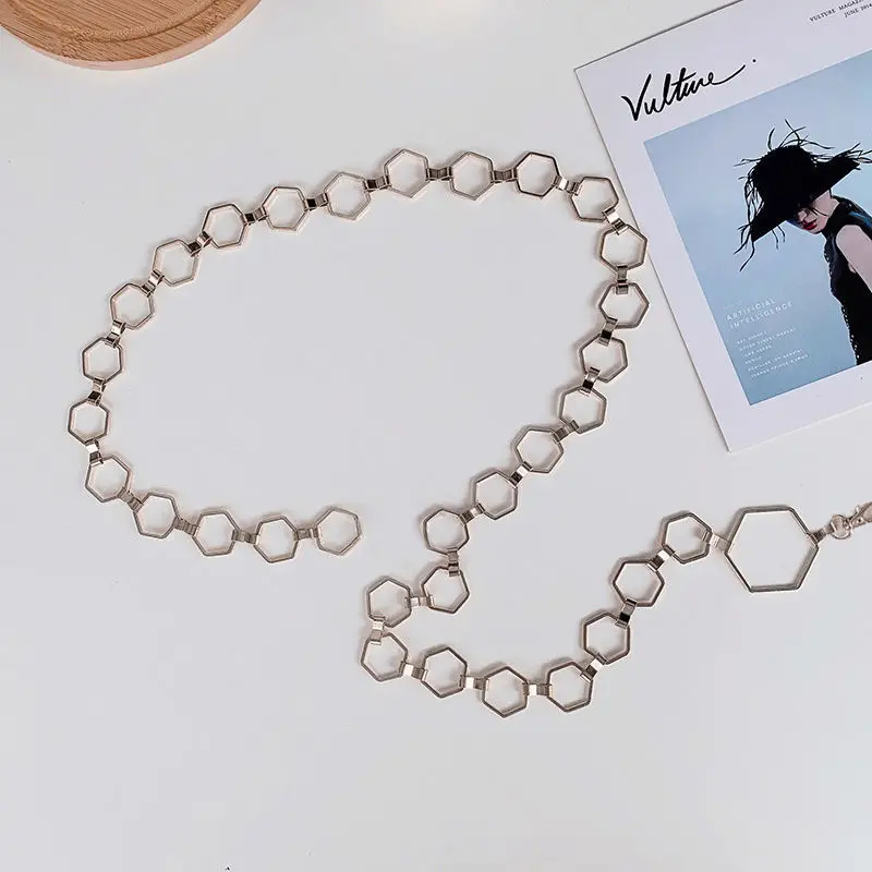Fashion Hexagon Shape Women Waist Chain Geometric Belt For Women Gold Sliver Metal Belts Adjustable Suit Dress Ladies Waistband