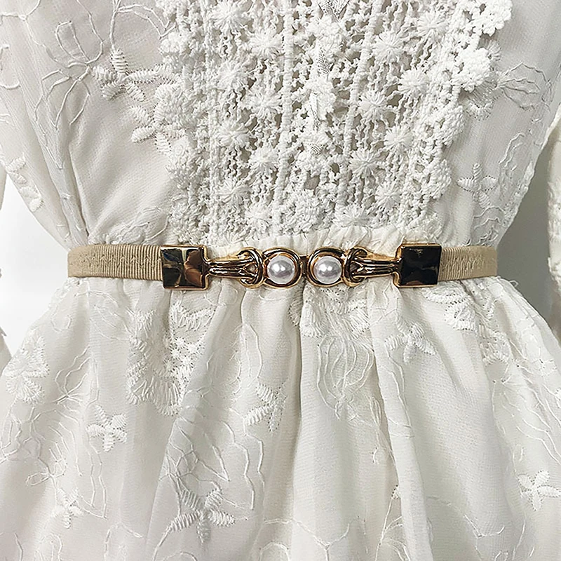 Elegant Double Pearls Buckle Elastic Women Belts Black Thin Straps Lady Girl Dress Skirt Decor Waistbands