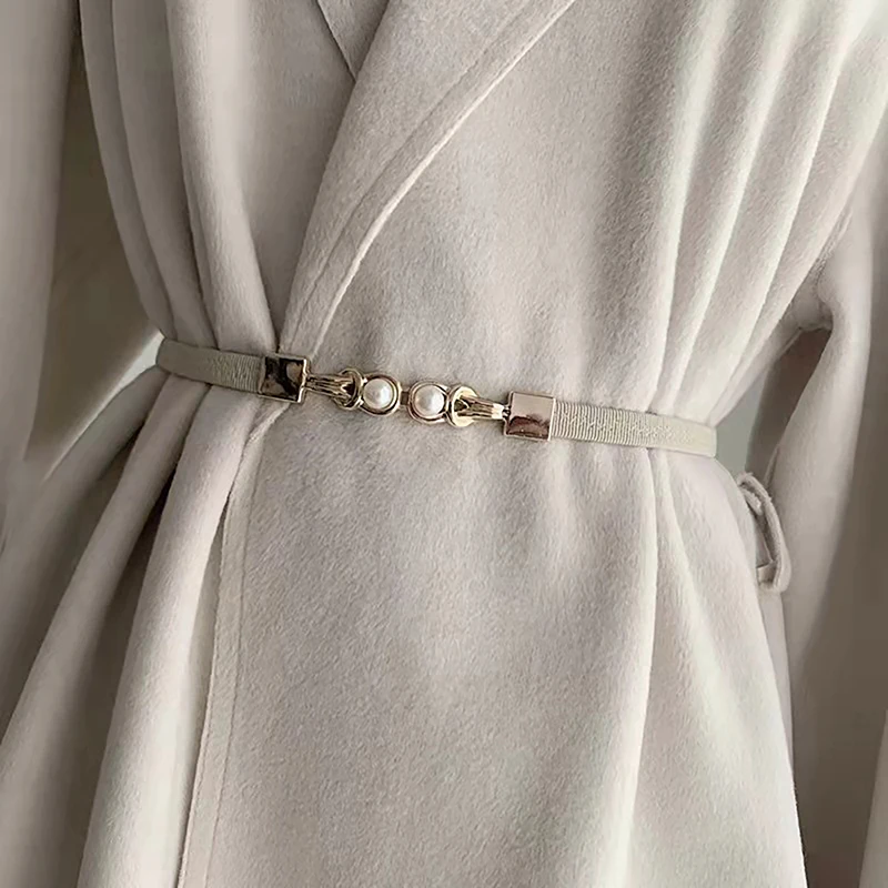 Elegant Double Pearls Buckle Elastic Women Belts Black Thin Straps Lady Girl Dress Skirt Decor Waistbands