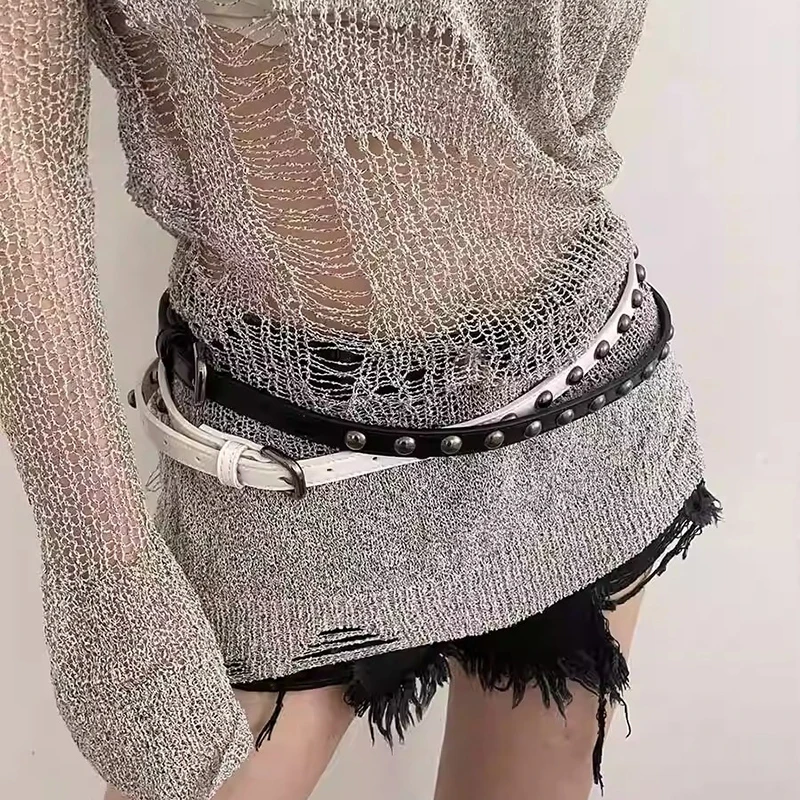 Hip Hop Punk Rivet Belt For Women Metal Pin Buckle Thin PU Leather Waist Belt Ins Korean Jeans Pants Decoration Girdle Strap